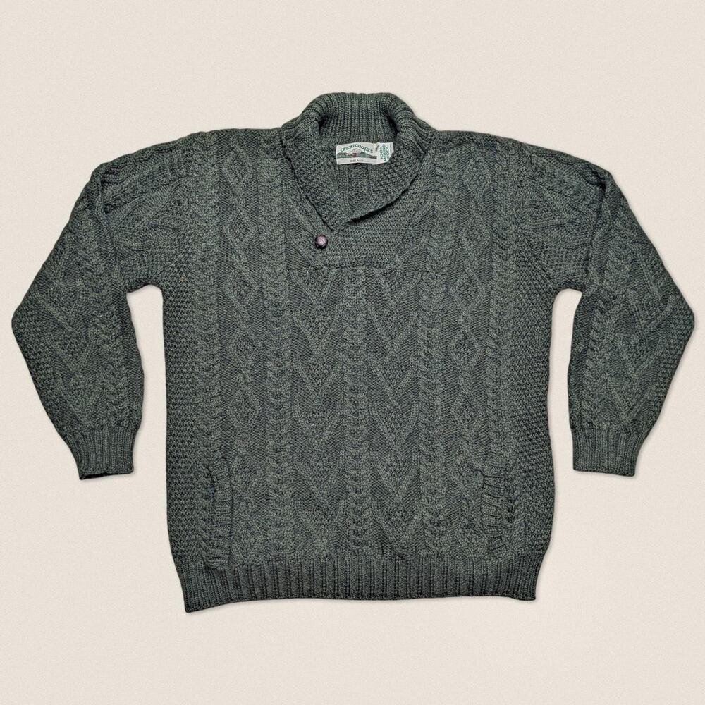 Vintage Grandpa Chunky Wool Cowl Neck Green Sweater Aran Crafts Size XL